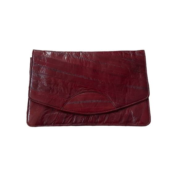 Vintage 1970s Eel Skin Clutch Bag Foldover Deep Red GUC - Picture 5 of 15
